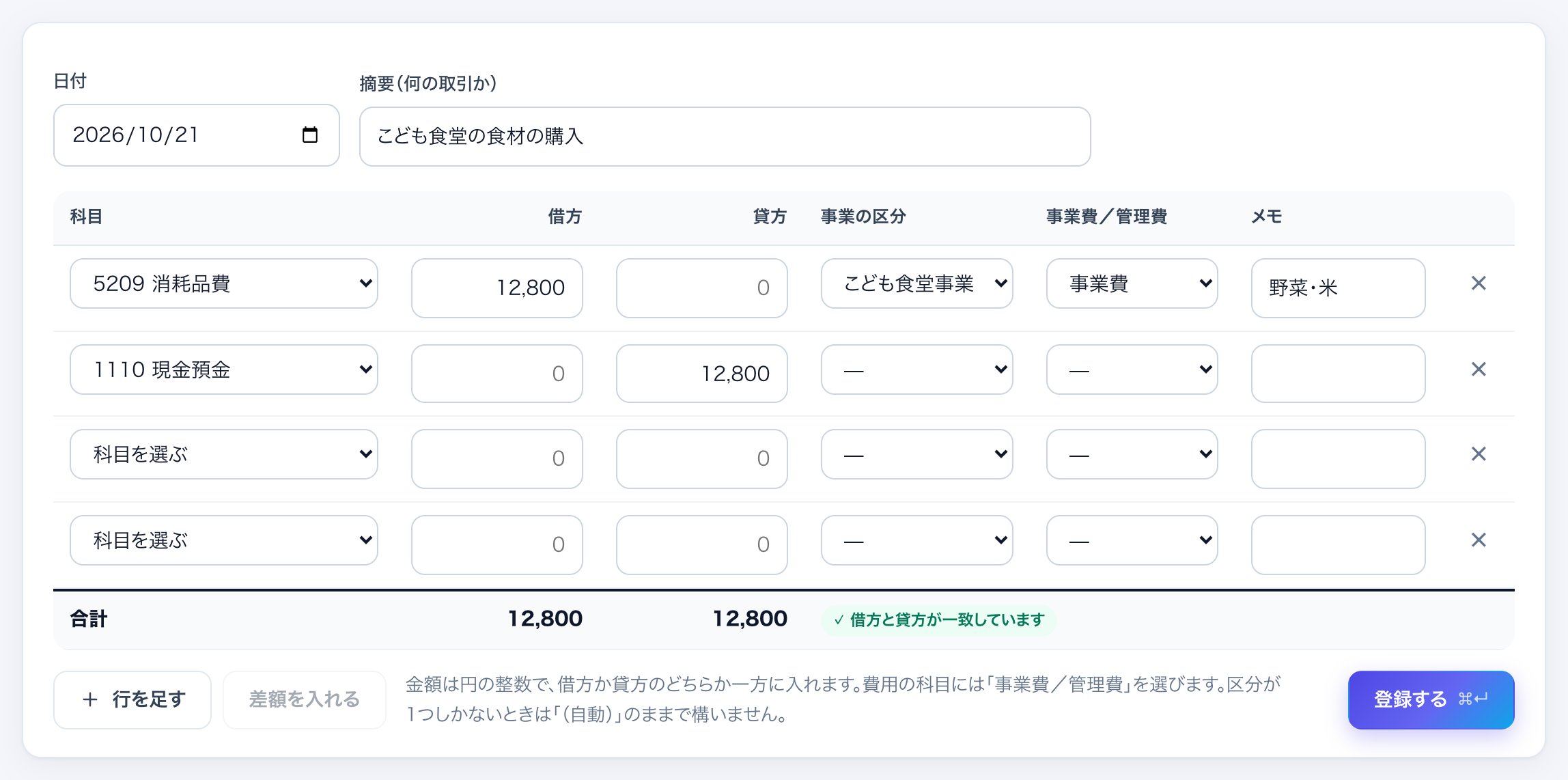 仕訳の入力画面：借方と貸方が一致しています